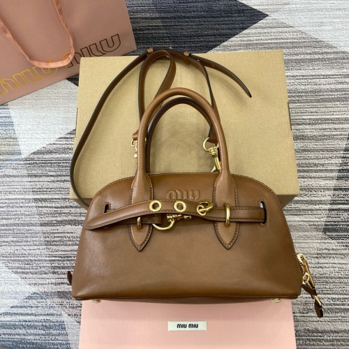 미우미우 아방뛰르 나파 가죽 탑 핸들 백 스몰 오크