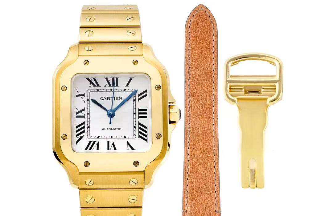 까르띠에 산토스 드 까르띠에 워치 미디엄 오토매틱 옐로우 골드 메탈 레더 브레이슬릿 [정품급]