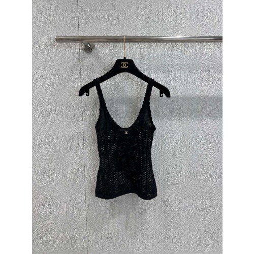 샤넬 레이스 트리밍 메시 니트 슬리브리스